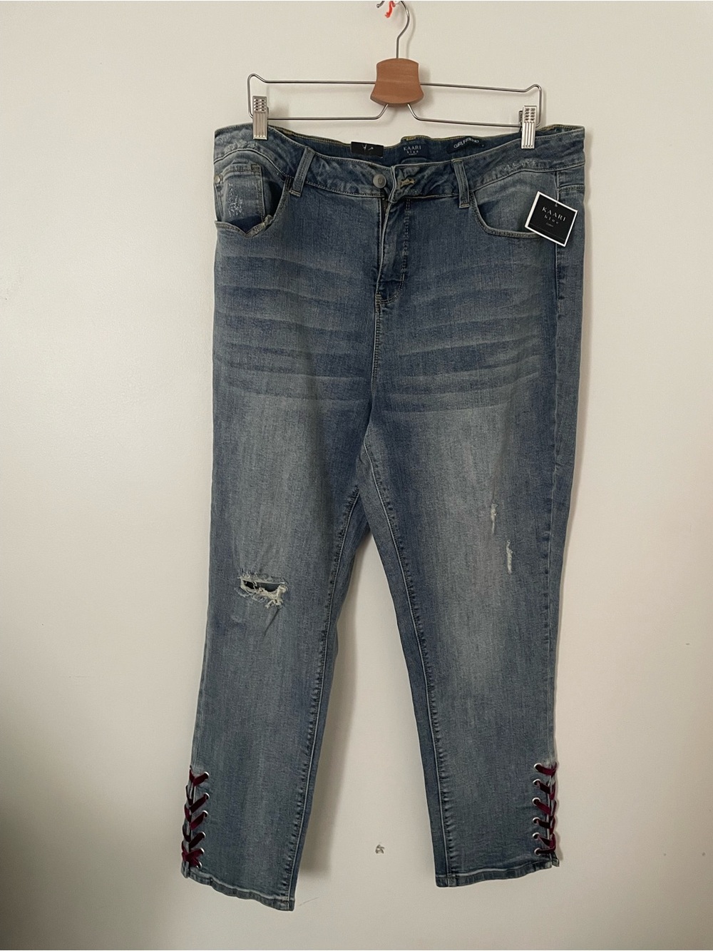 Kaari Blue Distressed Cropped Jeans with Lace-Up Hem - Mid Blue